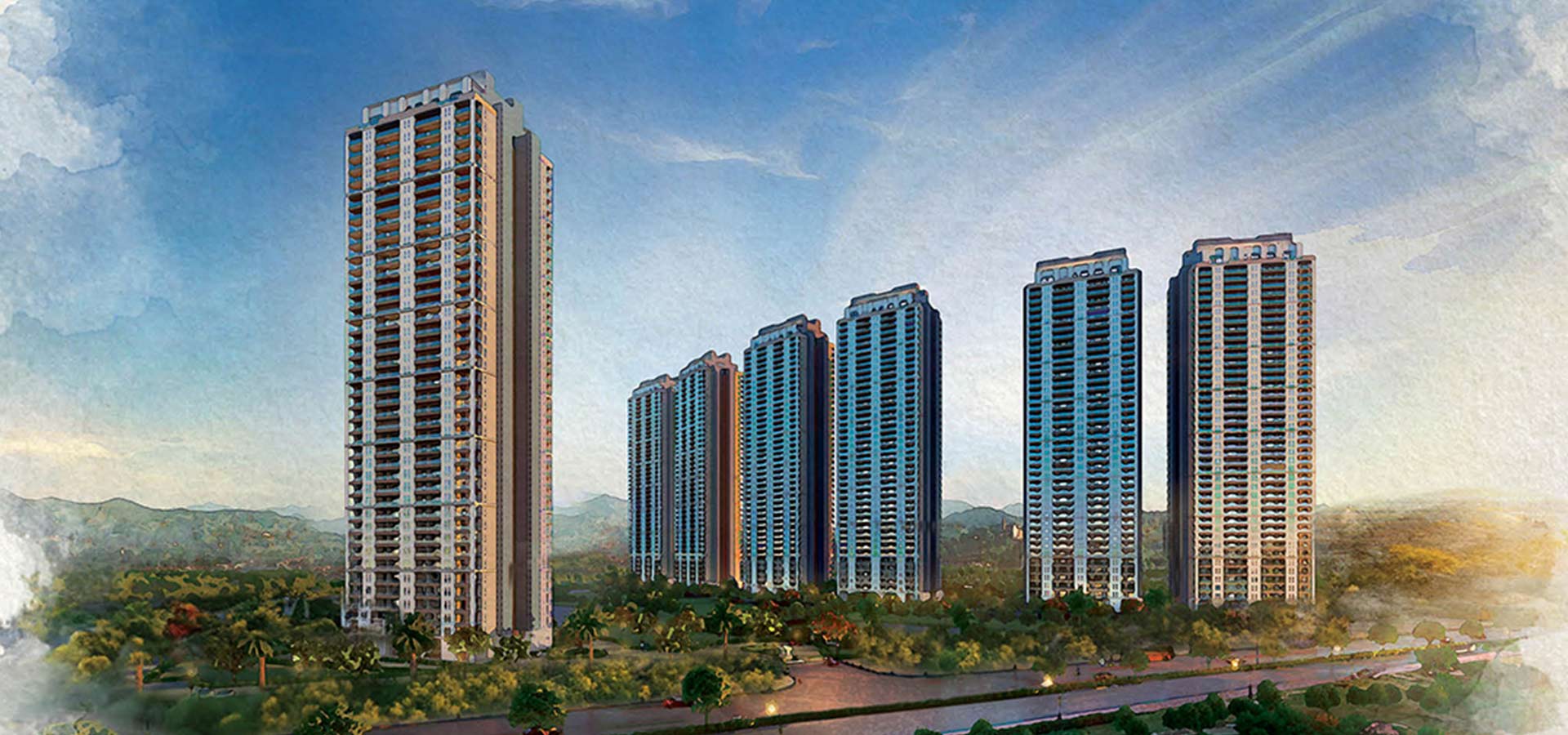 DLF Privana South — tower elevation against Aravalli backdrop