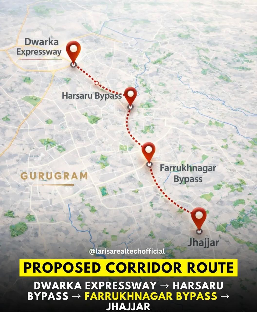 Proposed corridor route map — Dwarka Expressway to Jhajjar via Harsaru and Farrukhnagar bypass