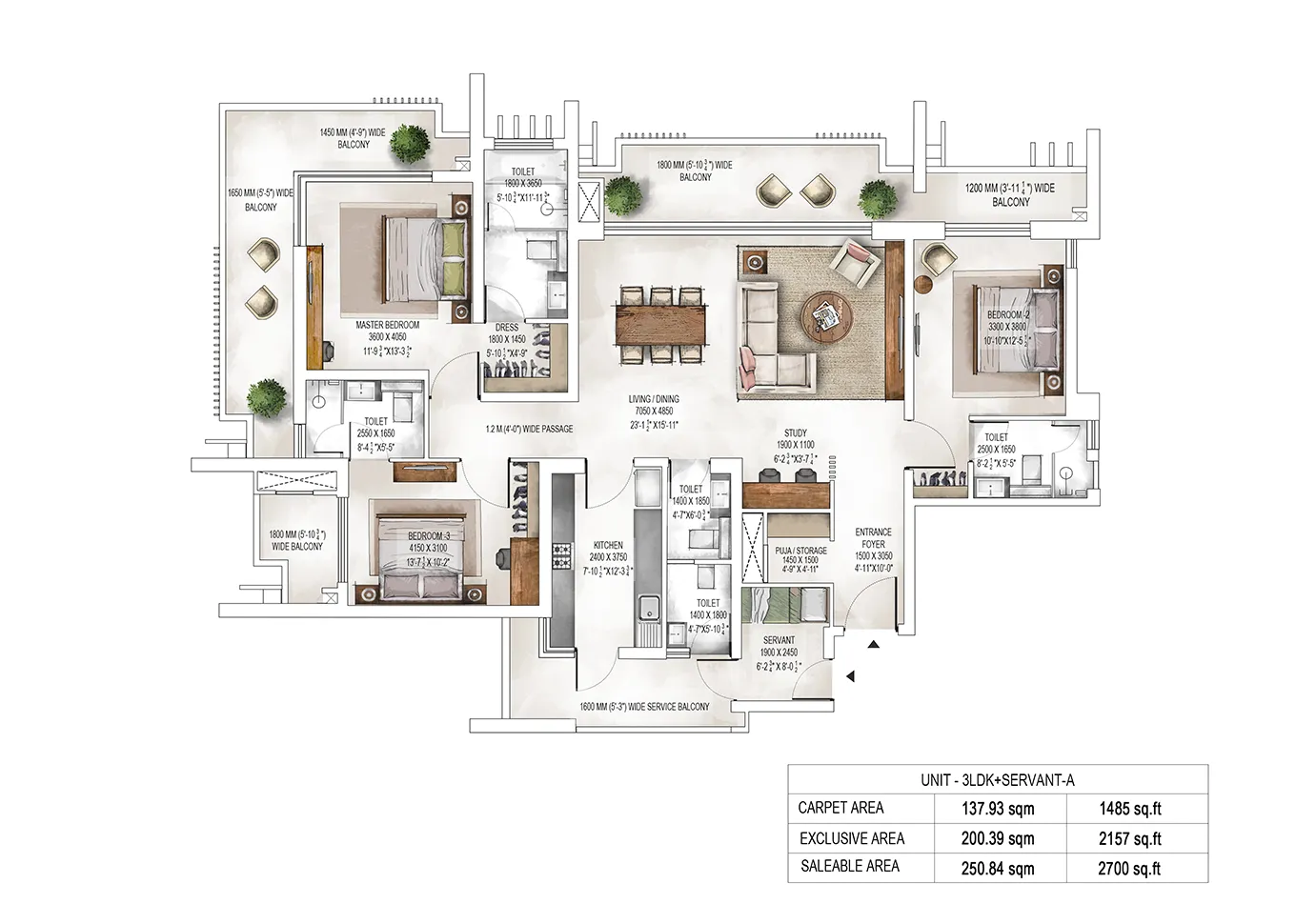 3 LDK + Servant floor plan — Tower 1