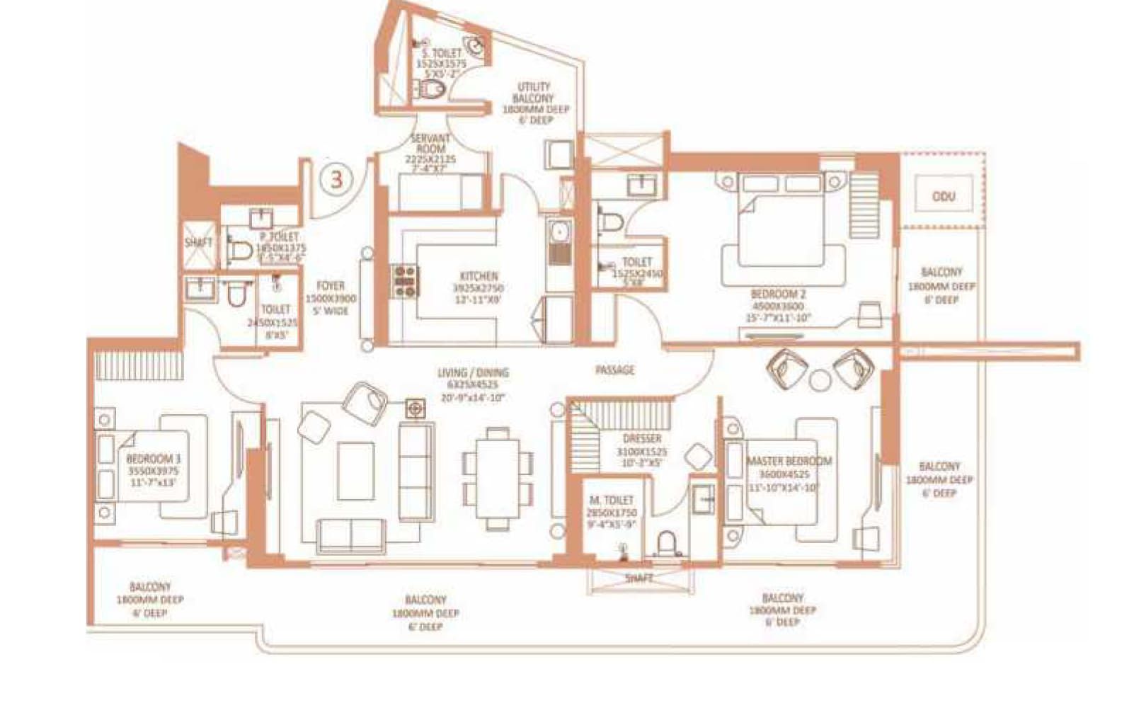 3 BHK floor plan